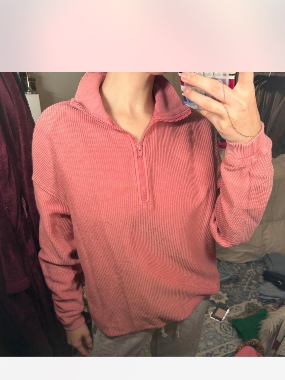 aerie Dusty Pink Ribbed Quarter-Zip Turtleneck Sweater